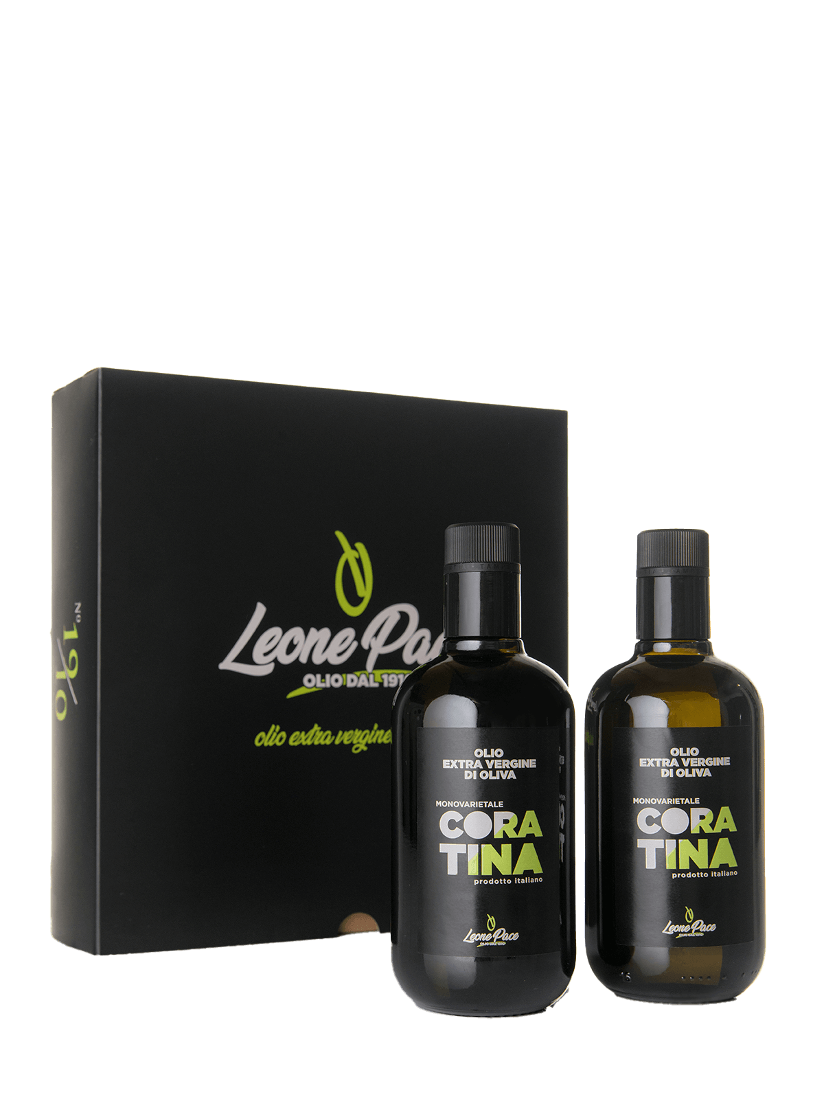 Box Regalo Olio EVO Monovarietale Coratina Intenso 100% ITALIANO - Prodotto a freddo - Box 2 x 0,5L - Frantoio Leone Pace
